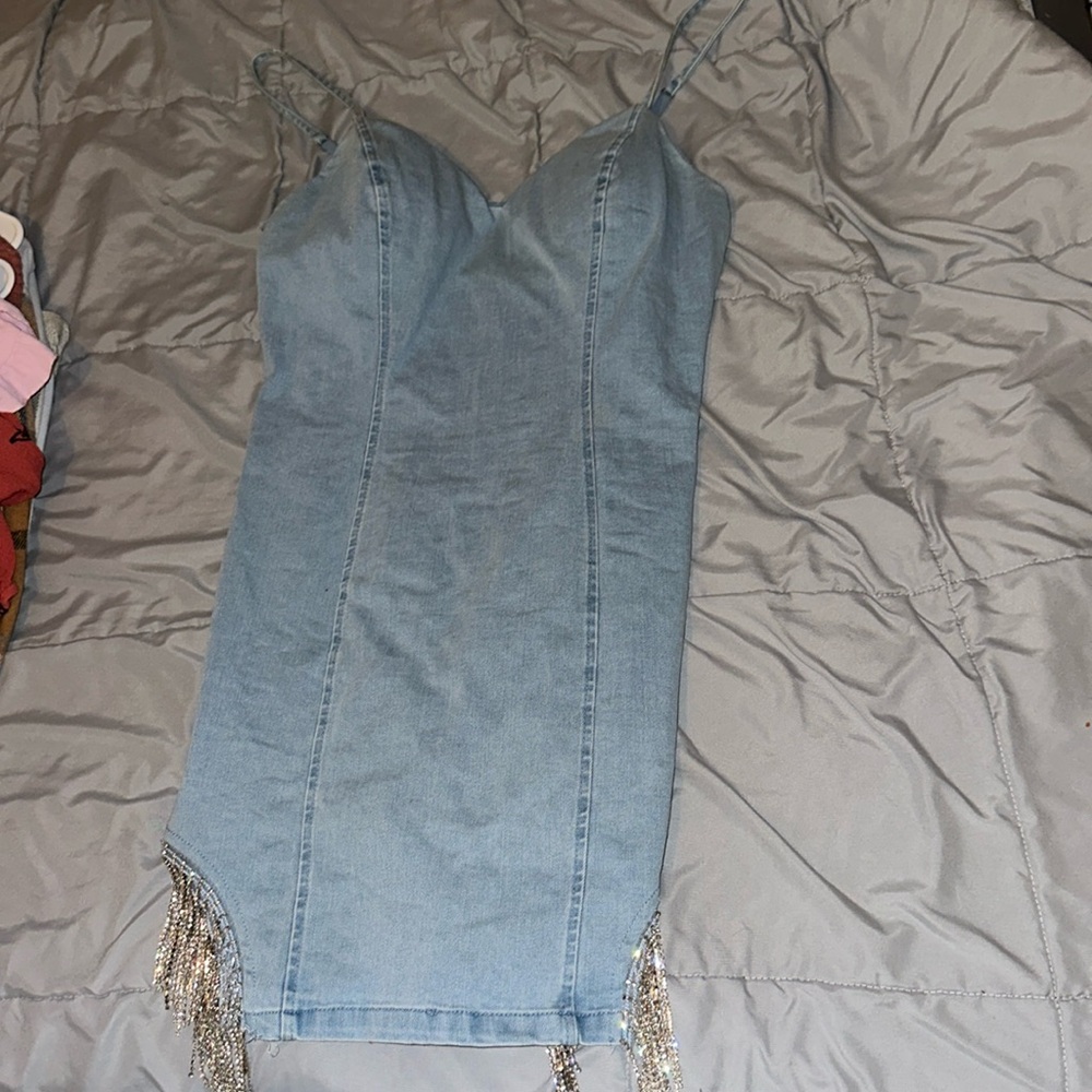 Blue denim dress with silver sequins